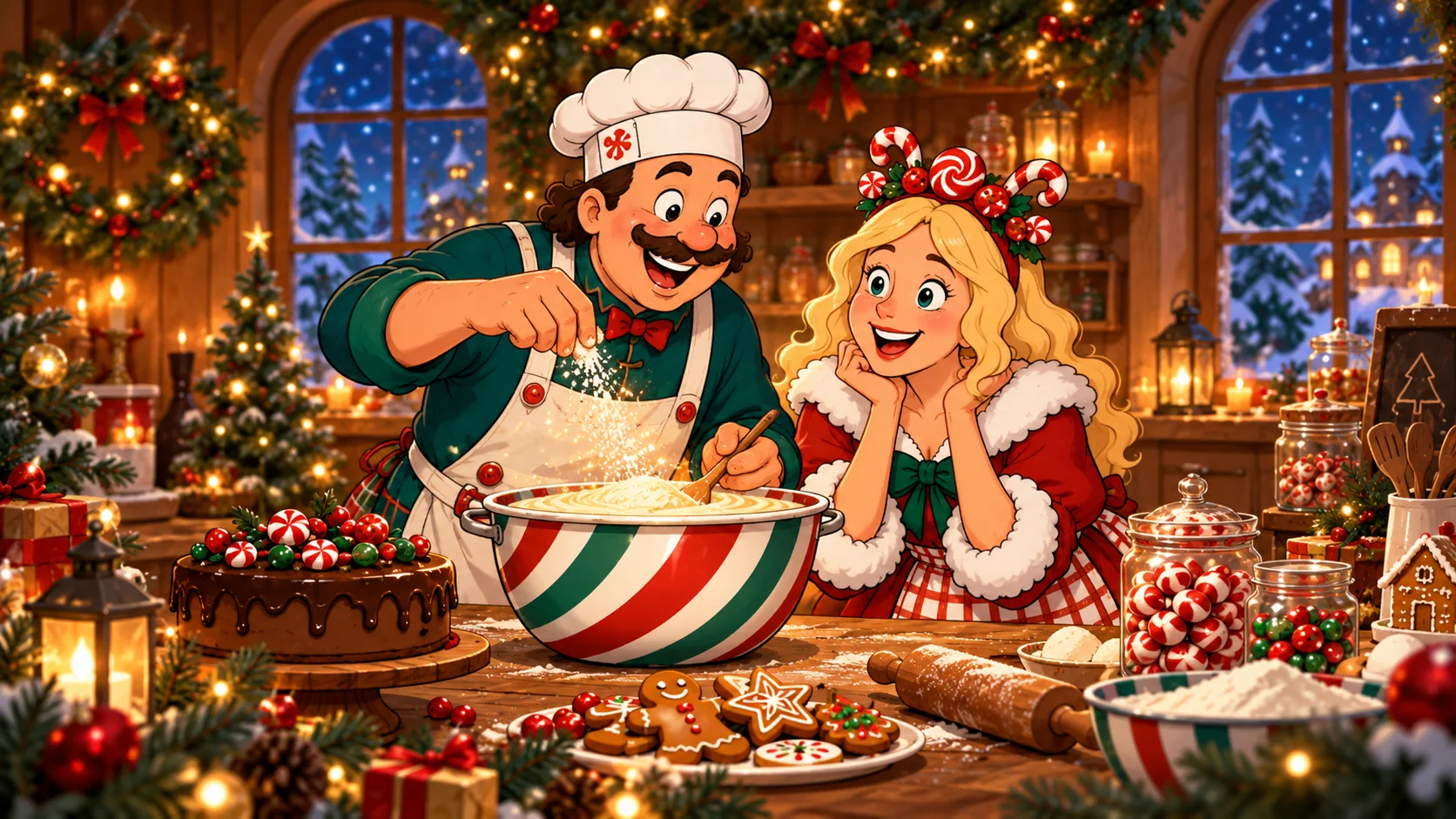 Pouf pouf et Mademoiselle Sucre d’Orge préparent des douceurs dans leur atelier de Noël.